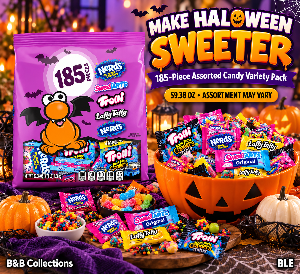 Halloween Assorted Candy Variety Pack, Nerds, SweeTarts, Trolli & Laffy Taffy, 185 Pieces, 59.38 oz (3.71 lb)