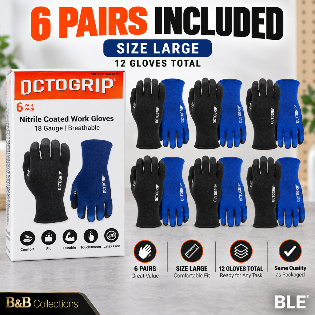 Octogrip Nitrile Coated Work Gloves, 18 Gauge Breathable Touchscreen Work Gloves, Size Large, 6 Pairs