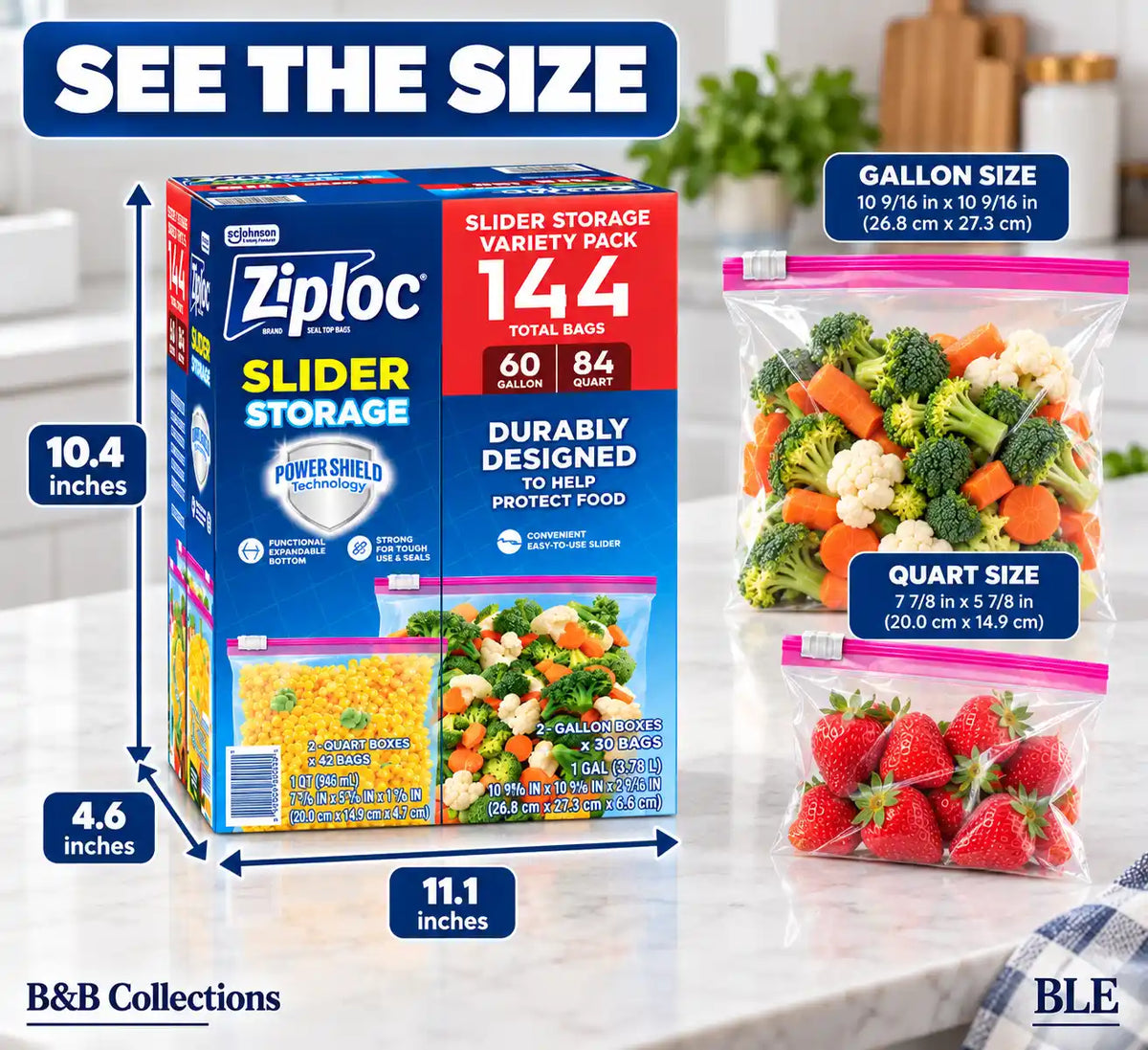 Ziploc Slider Storage Bags Variety Pack, Power Shield Technology, Gallon & Quart Sizes, 144 Total Bags (60 Gallon + 84 Quart)