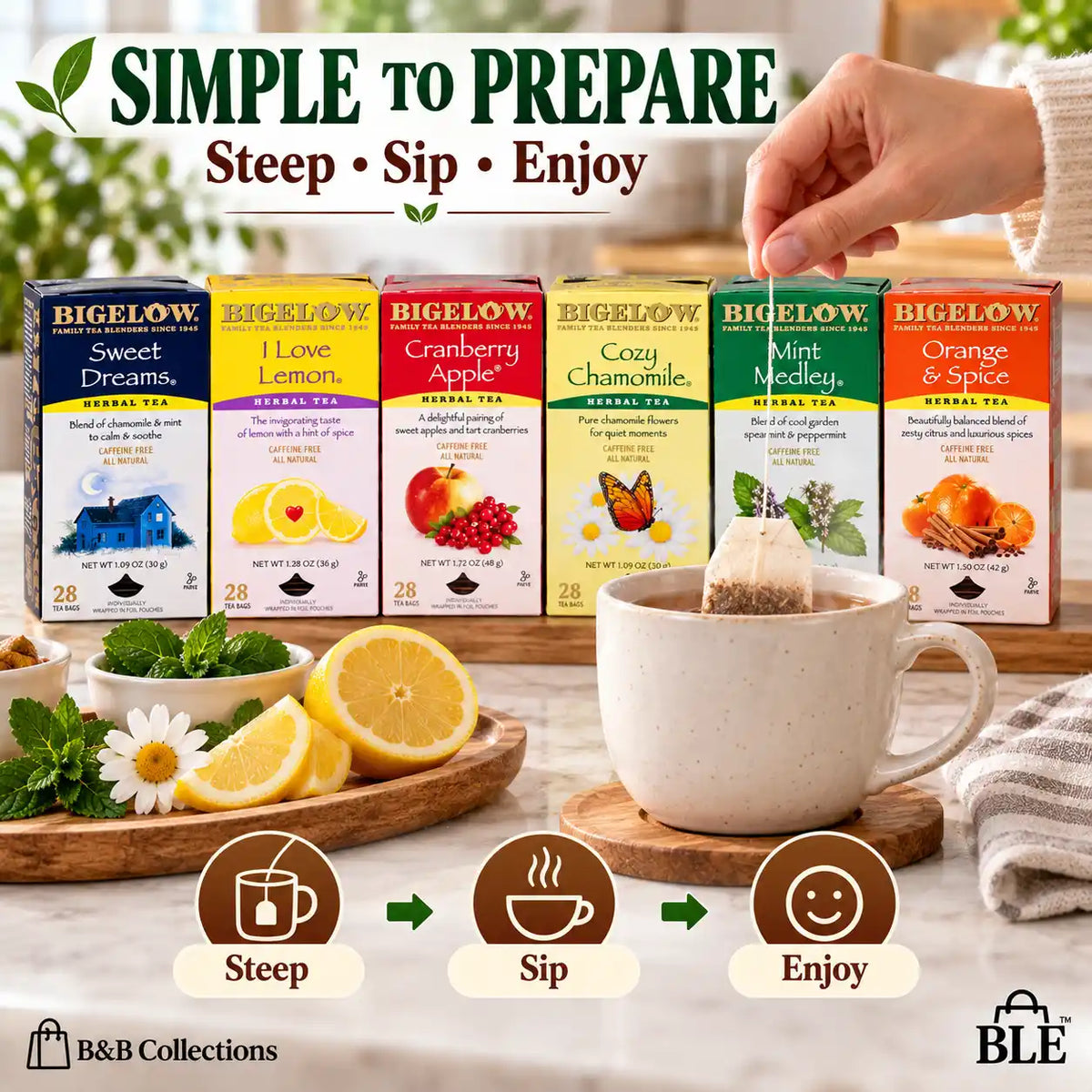 Bigelow Herbal Tea Variety Pack, 6 Assorted Flavors, Sweet Dreams, I Love Lemon, Cranberry Apple, Cozy Chamomile, Mint Medley & Orange & Spice, Caffeine-Free Herbal Tea