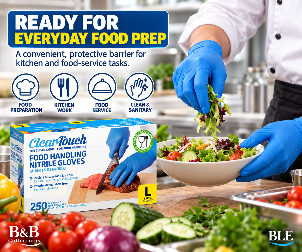 Medline Clear-Touch Food Handling Nitrile Gloves, Latex-Free & Powder-Free, Blue Disposable Gloves, Large, 2-Pack, 500 Count (250 per Box)