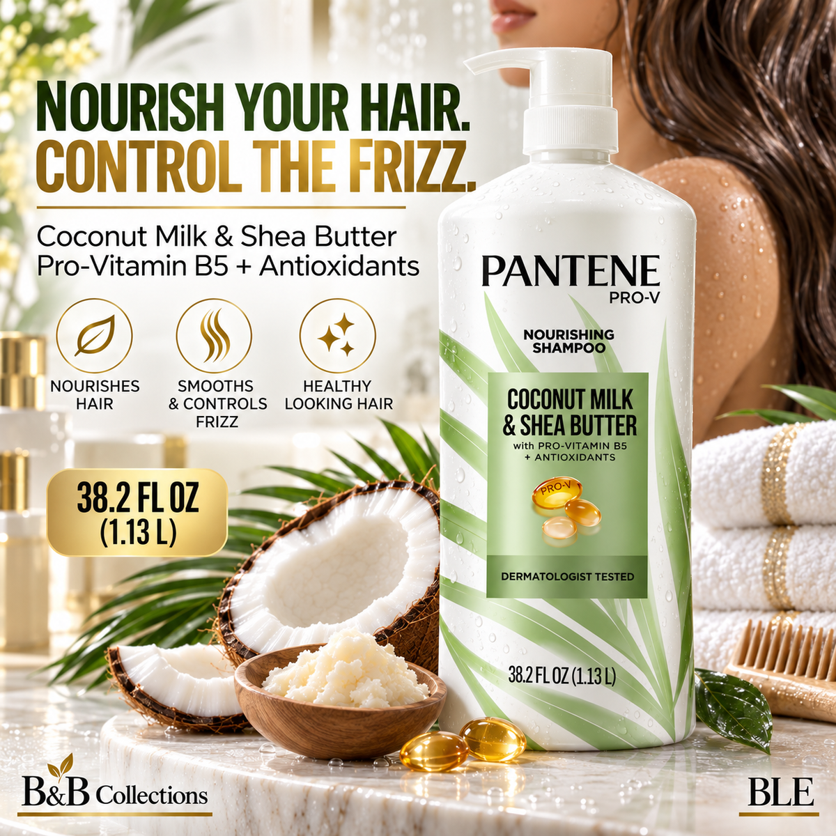 Pantene Pro-V Coconut Milk & Shea Butter Nourishing Shampoo, Pro-Vitamin B5 + Antioxidants, Frizz Control, Pump Bottle, 38.2 fl oz