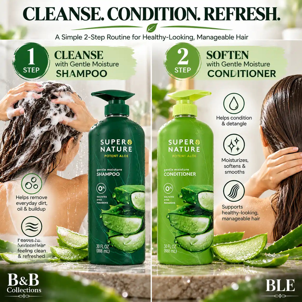 Super Nature Potent Aloe Gentle Moisture Shampoo and Conditioner Sulfates Free, 30 Fl Oz