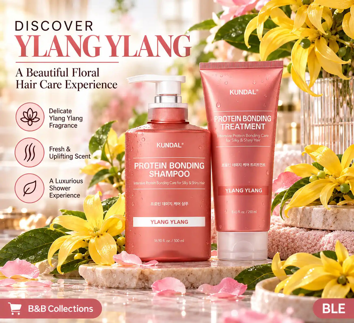KUNDAL Protein Bonding Shampoo & Treatment Set, Ylang Ylang Scent, Intensive Hair Care for Silky & Shiny Hair, 500 ml Shampoo + 250 ml Treatment, 2-Piece Set