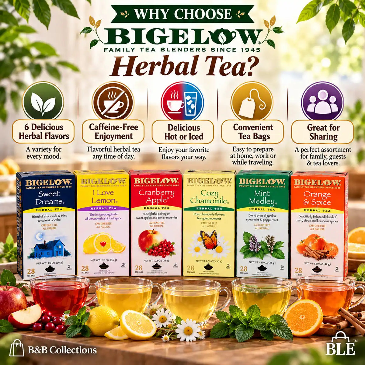 Bigelow Herbal Tea Variety Pack, 6 Assorted Flavors, Sweet Dreams, I Love Lemon, Cranberry Apple, Cozy Chamomile, Mint Medley & Orange & Spice, Caffeine-Free Herbal Tea