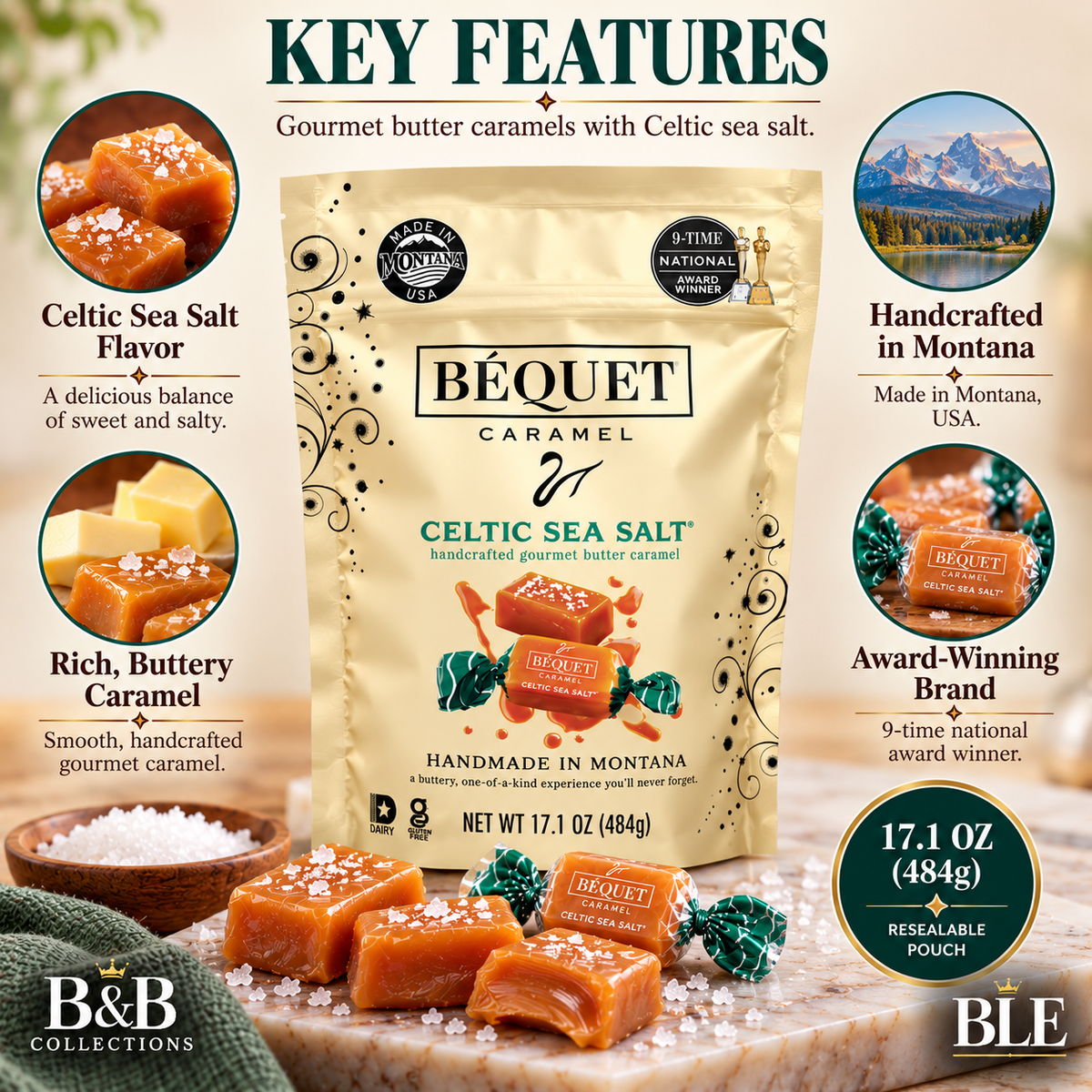 Béquet Caramel Celtic Sea Salt Gourmet Butter Caramels, Handcrafted Soft Caramel Candy, Made in Montana, 17.1 oz (484g)