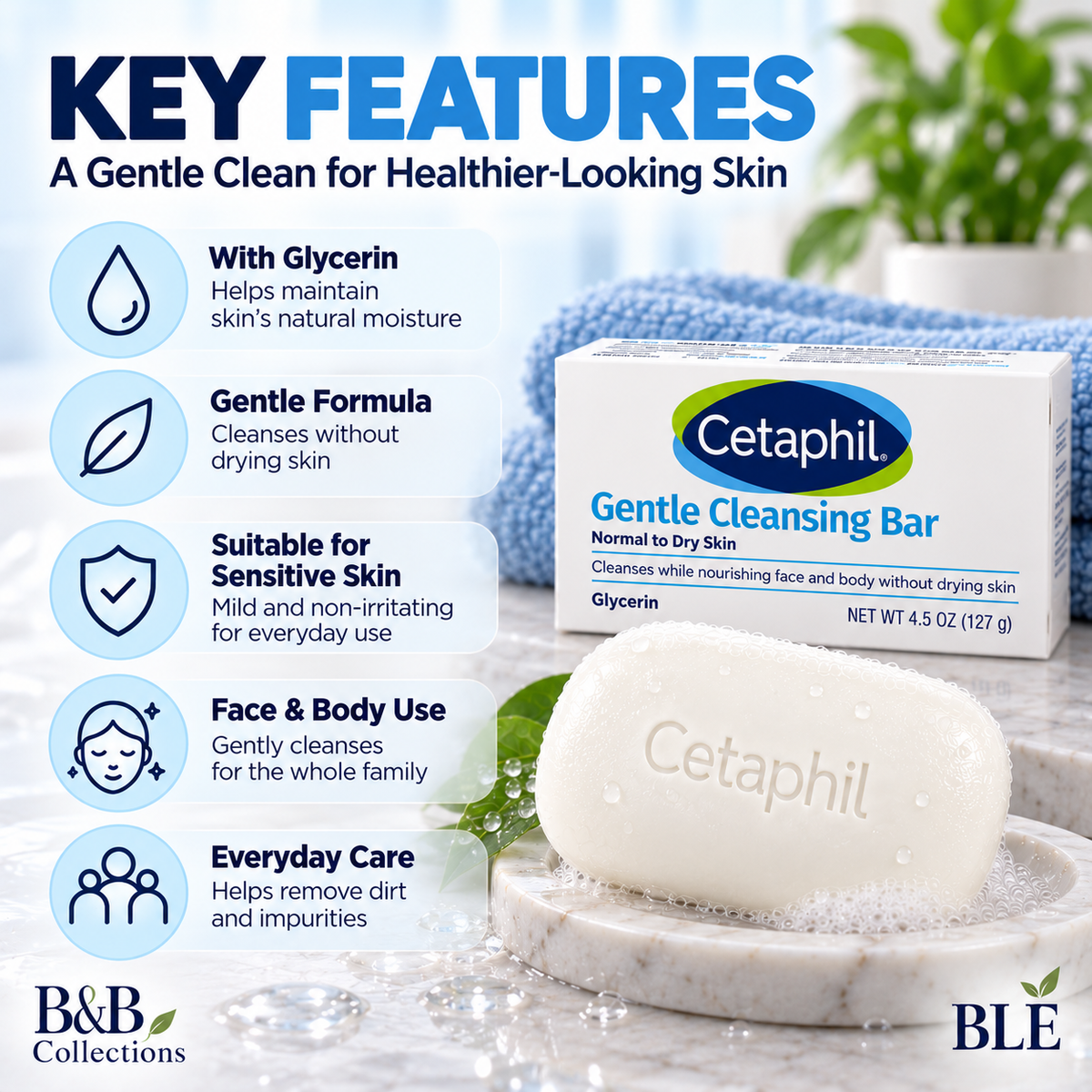 Cetaphil Gentle Cleansing Bar, 4.5 oz Each, 6-Pack, Moisturizing Soap Bar with Glycerin, Gentle Cleansing for Sensitive Skin