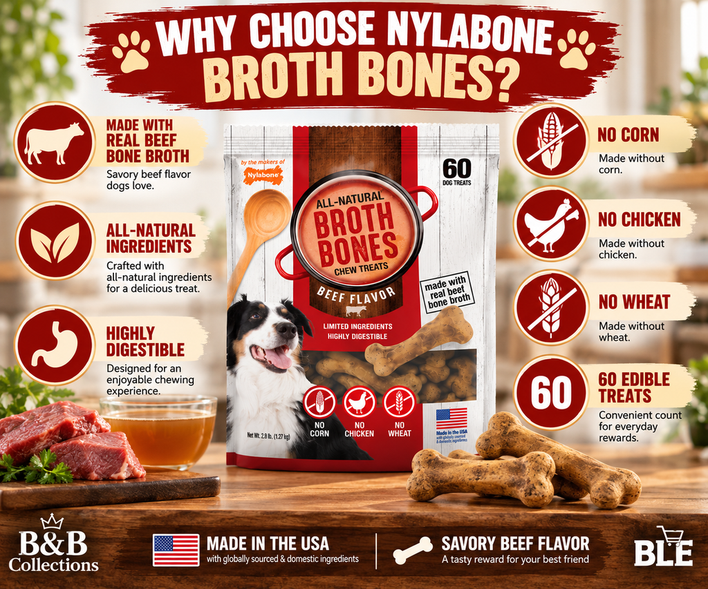 Nylabone Broth Bones All-Natural Edible Dog Chew Treats, Beef Flavor, Made with Real Beef Bone Broth, Highly Digestible, 60 Count