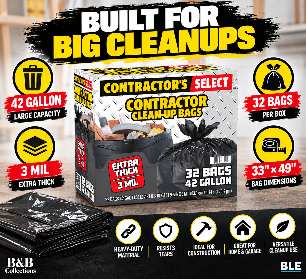 Contractor's Select Extra Thick Contractor Clean-Up Bags, 42 Gallon, 3 Mil Heavy-Duty Black Trash Bags, 32 Count