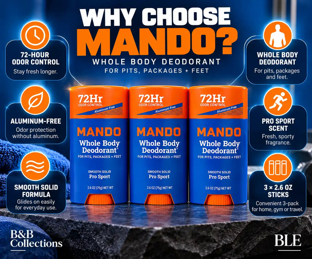 Mando Whole Body Deodorant for Men, Pro Sport Scent, 72-Hour Odor Control, Aluminum-Free Smooth Solid, 2.6 oz Each, 3 Pack, 7.8 oz Total