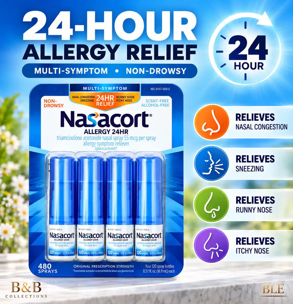 Nasacort Allergy 24HR Multi-Symptom Nasal Spray, 55 mcg, Non-Drowsy, Scent-Free & Alcohol-Free, 120 Sprays per Bottle, 480 Total Sprays, 4 Pack