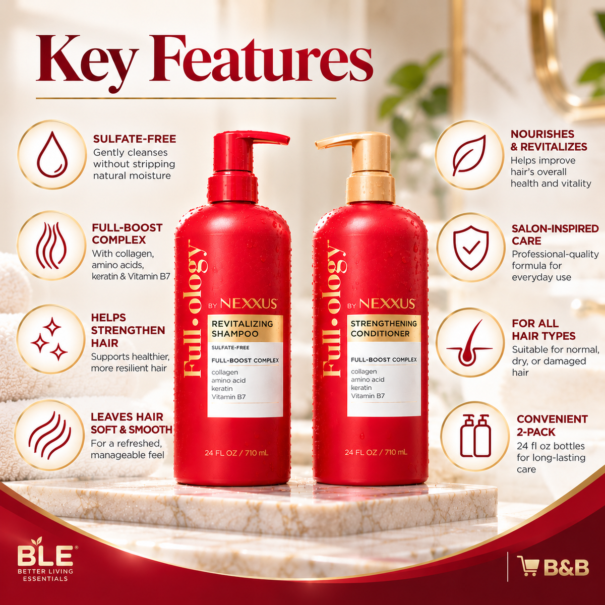 Full-ology by Nexxus Shampoo and Conditioner Set, Revitalizing & Strengthening with Collagen, Amino Acid, Keratin & Vitamin B7, 24 fl oz Each, 2-Pack