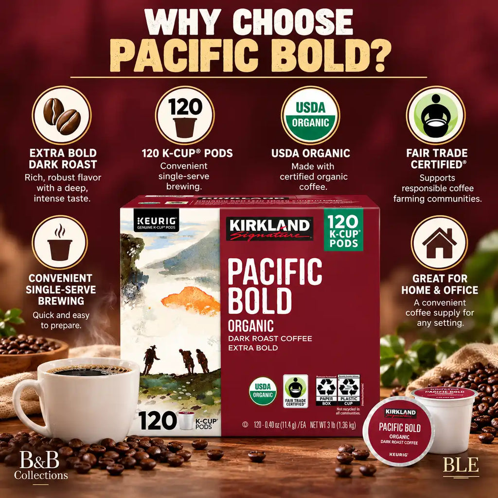 Kirkland Signature Pacific Bold Organic Dark Roast Coffee, Extra Bold, Fair Trade Certified, Keurig K-Cup Pods, 120 Count