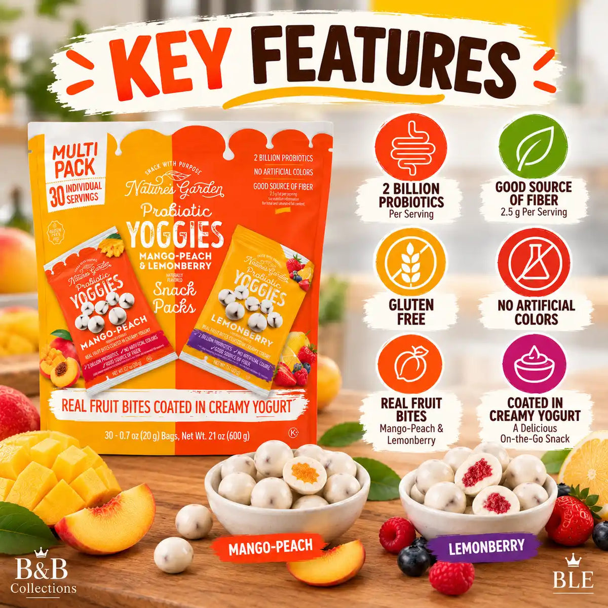 Nature's Garden Probiotic Yoggies Fruit Snacks, Mango-Peach & Lemonberry Flavors, Yogurt-Coated Fruit Bites, 2 Billion Probiotics, Gluten-Free, 30 Individually Packaged Packs, 21 oz