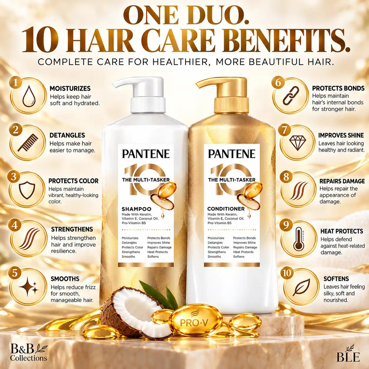 Pantene 10 The Multi-Tasker Shampoo & Conditioner Set, Keratin, Vitamin E, Coconut Oil & Pro-Vitamin B5, Moisturizing, Strengthening & Smoothing Hair Care, 2-Piece Set