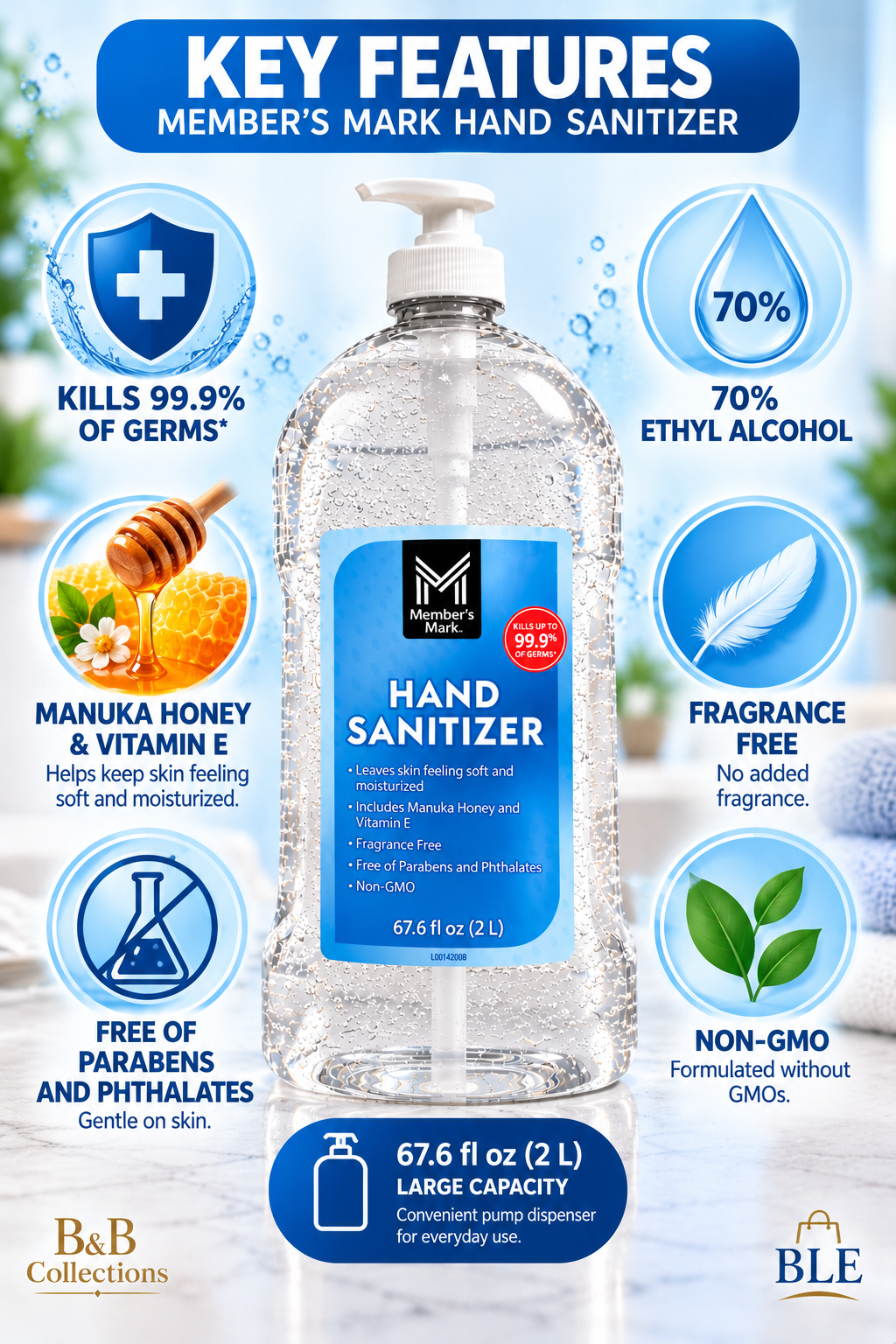 c, 67.6 fl oz (2 L) – Kills 99.9% of Germs, Fragrance-Free, with Manuka Honey & Vitamin E