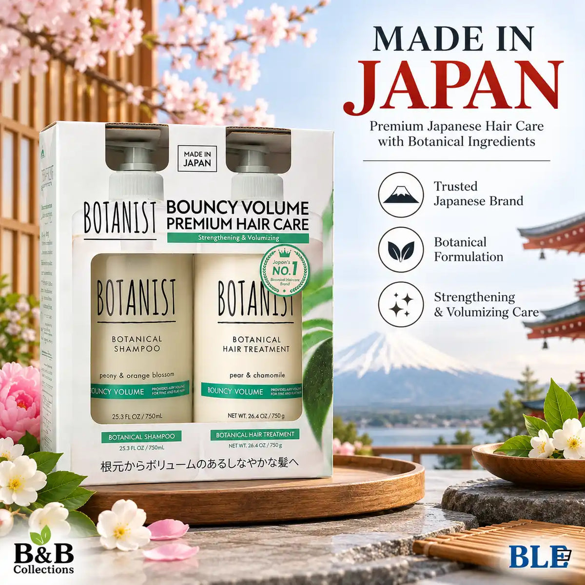 BOTANIST Bouncy Volume Premium Hair Care Set, Botanical Shampoo Peony & Orange Blossom and Hair Treatment Pear & Chamomile, 750 mL Each, 2-Piece Set, Made in Japan