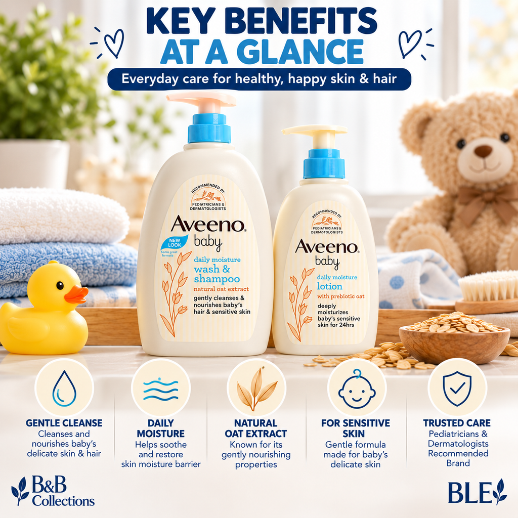 Aveeno Baby Daily Moisture Set, Wash & Shampoo 33 fl oz + Lotion 18 fl oz, With Natural Oat Extract & Prebiotic Oat, Gentle Baby Skin Care, 2-Piece Set