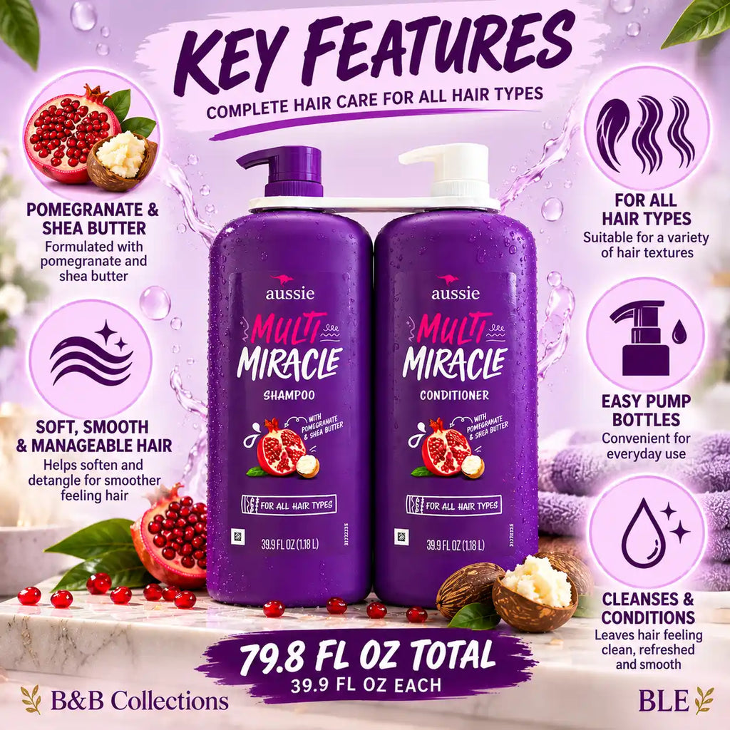 Aussie Multi Miracle Shampoo & Conditioner Set, 39.9 fl oz Each, with Pomegranate & Shea Butter, for All Hair Types (2-Pack)