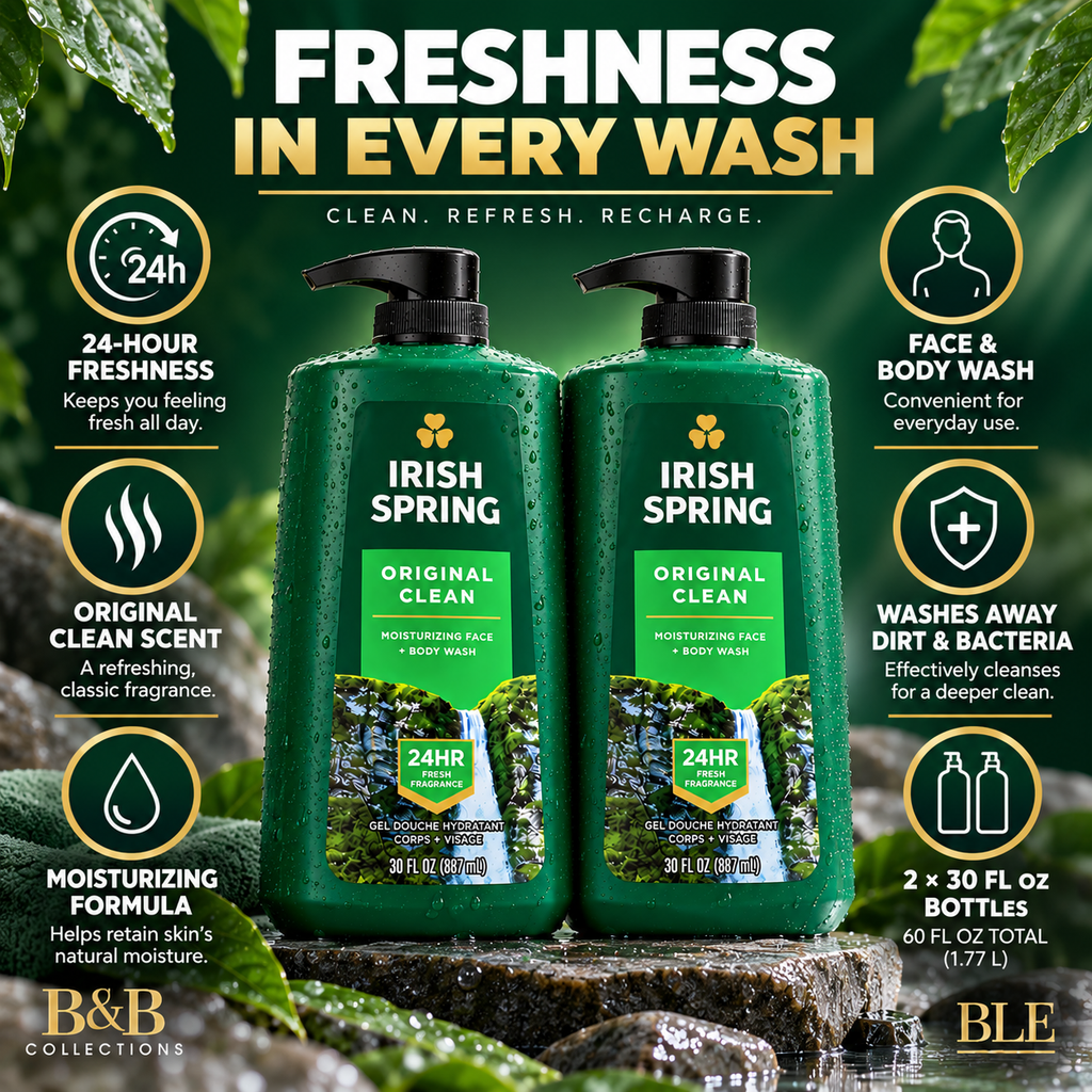 Irish Spring Original Clean Body Wash for Men, Moisturizing Face & Body Wash, 24-Hour Freshness, 30 fl oz Each (Pack of 2, 60 fl oz Total)