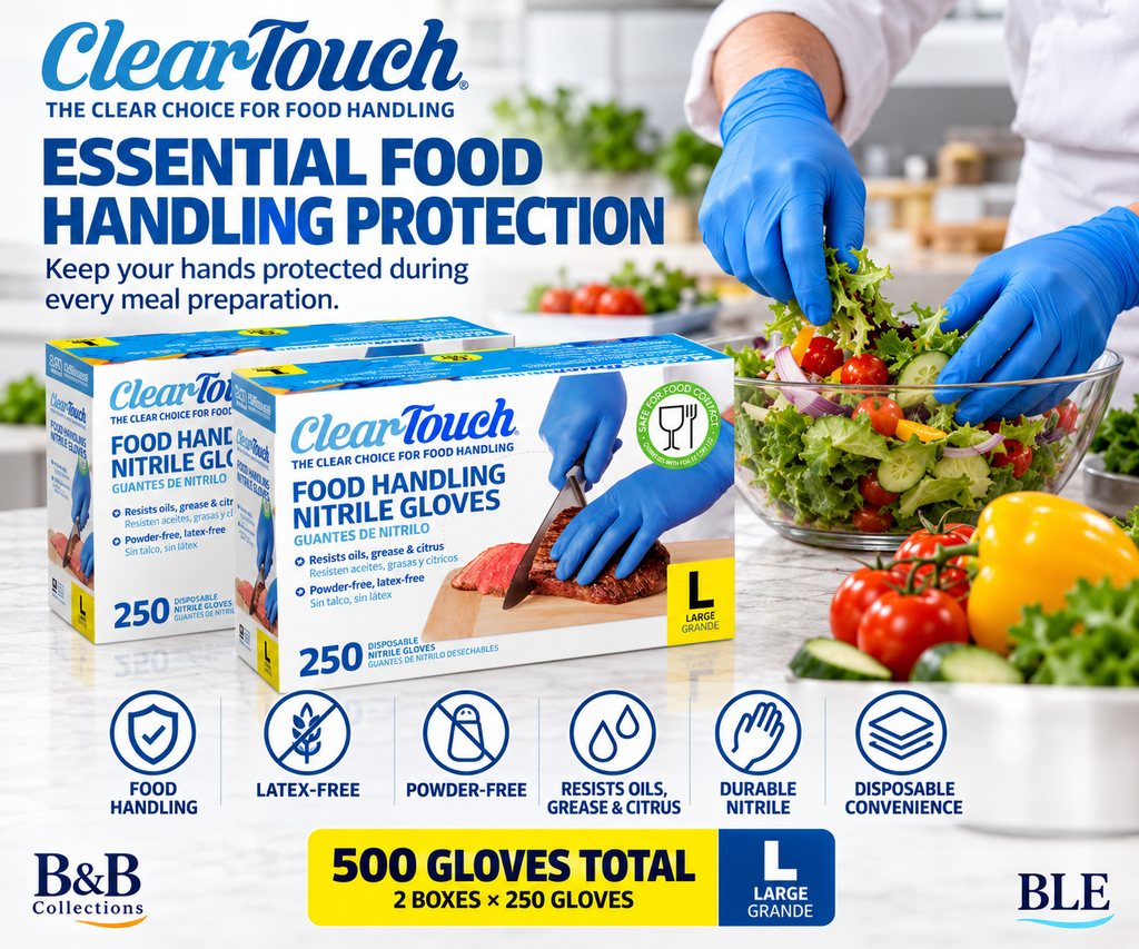 Medline Clear-Touch Food Handling Nitrile Gloves, Latex-Free & Powder-Free, Blue Disposable Gloves, Large, 2-Pack, 500 Count (250 per Box)