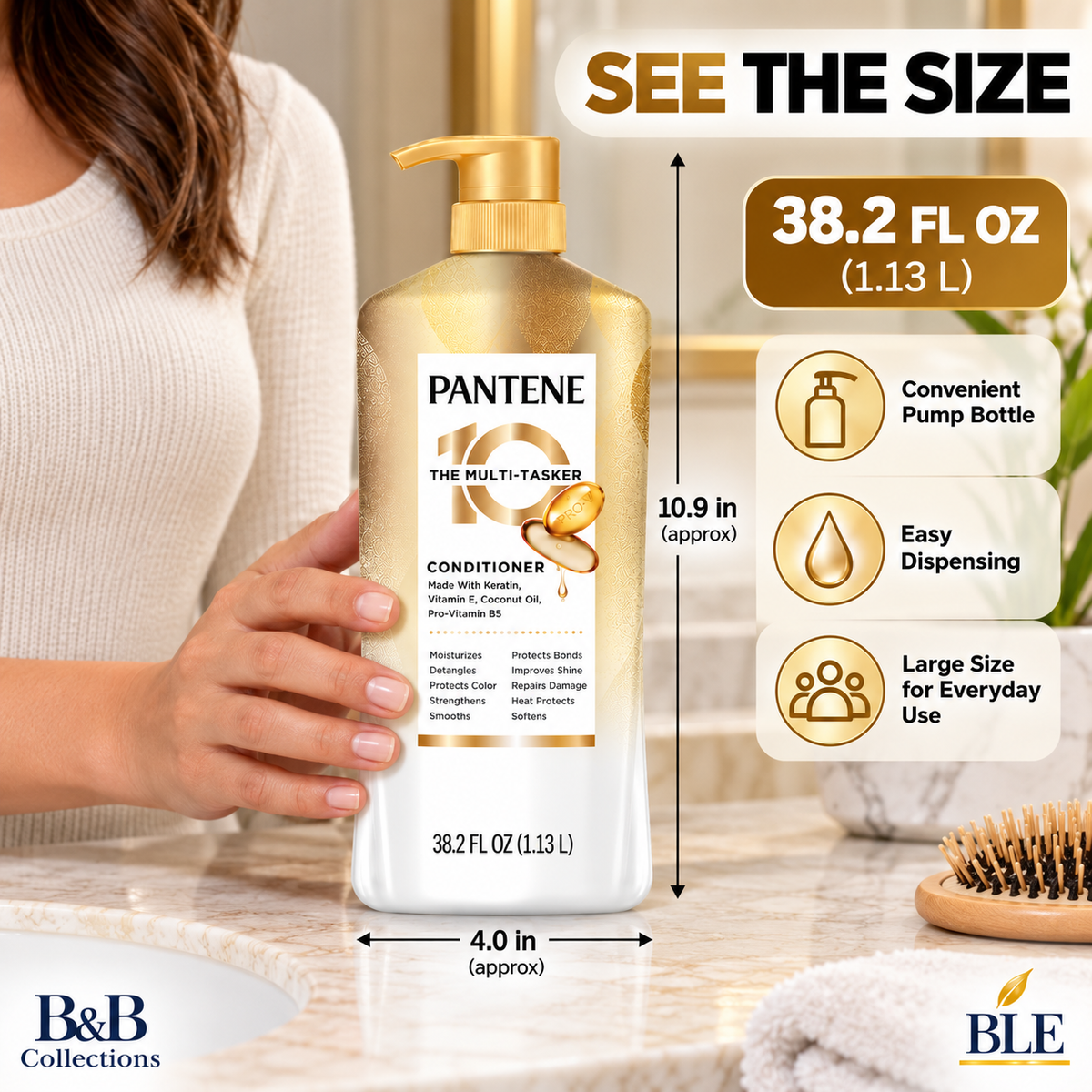 Pantene Pro-V 10 in 1 Multi-Tasker Conditioner, Keratin, Vitamin E & Coconut Oil, Moisturizing & Strengthening Hair Care, 38.2 fl oz