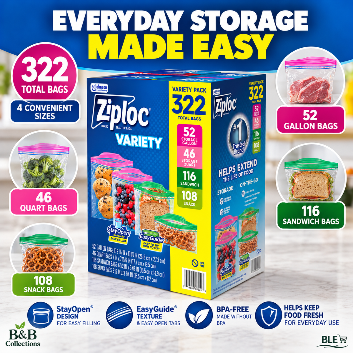 Ziploc Seal Top Food Storage Bags Variety Pack, 322 Count, Gallon, Quart, Sandwich & Snack Bags, Easy Open Tabs
