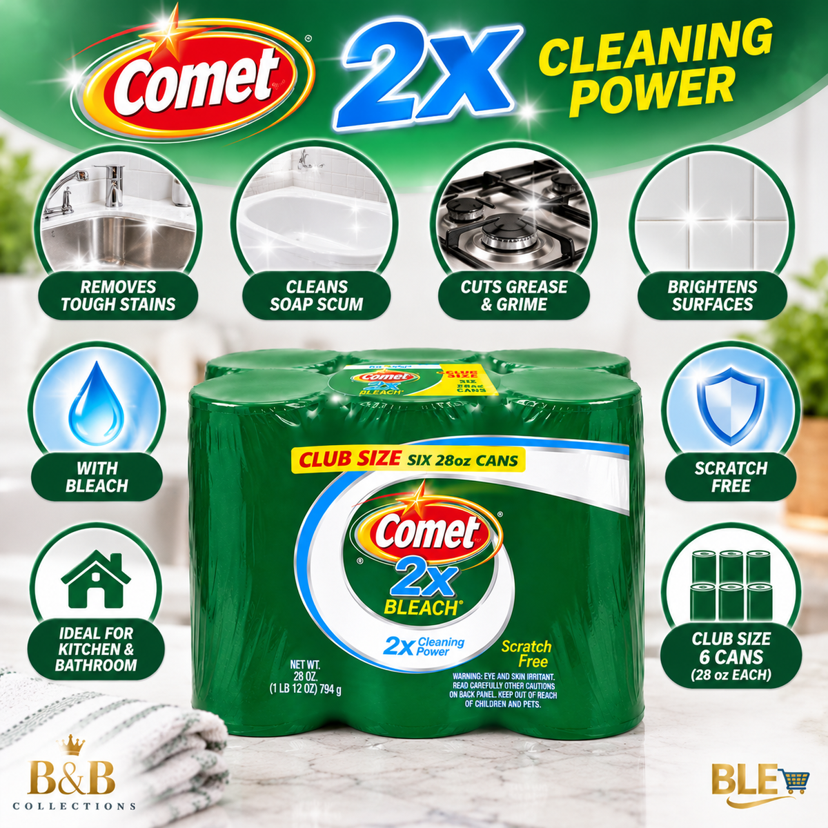 Comet 2X Bleach Powder Cleanser, 28 oz Cans, 6-Pack – Multi-Surface Cleaning Powder for Kitchen & Bathroom, Tough Stain & Grease Removal
