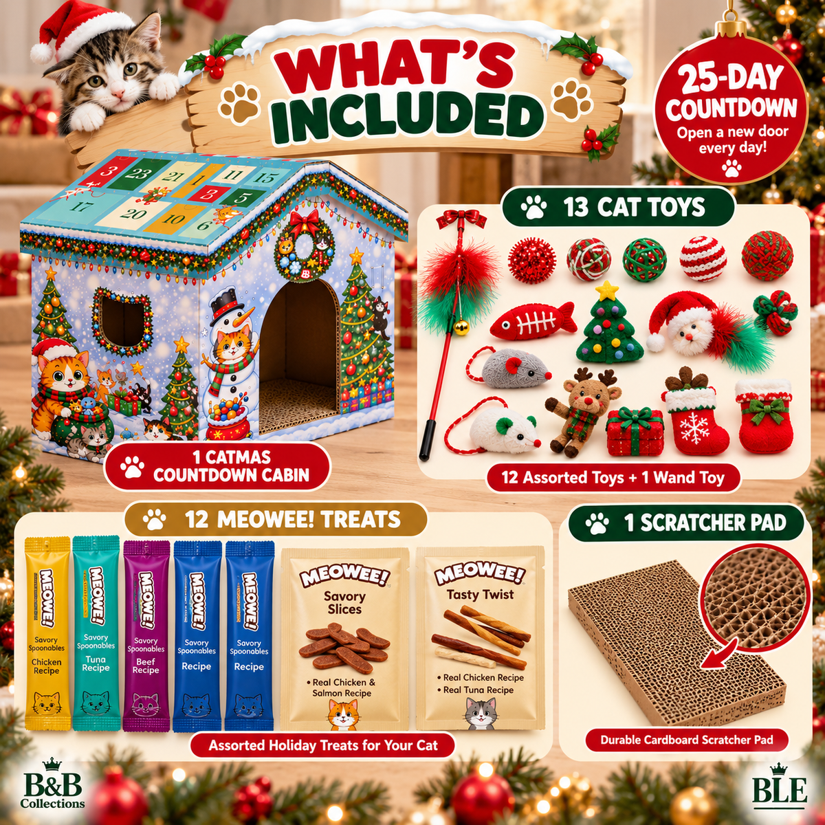 Catmas Countdown Cabin 25-Day Cat Advent Calendar, Christmas Cat House with 13 Toys, 12 Treats & Scratcher Pad, Holiday Countdown Gift for Cats