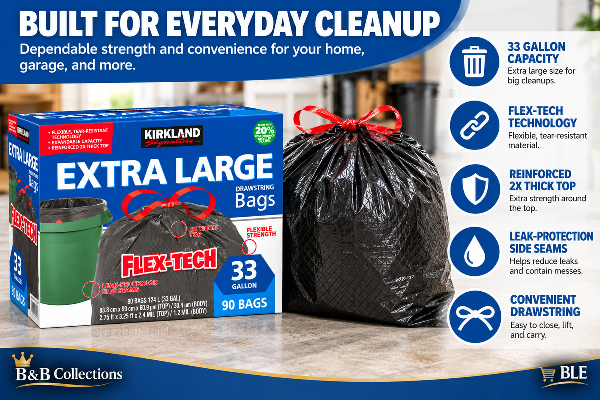 Kirkland Signature Flex-Tech Extra Large Drawstring Trash Bags, 33 Gallon, 90 Count