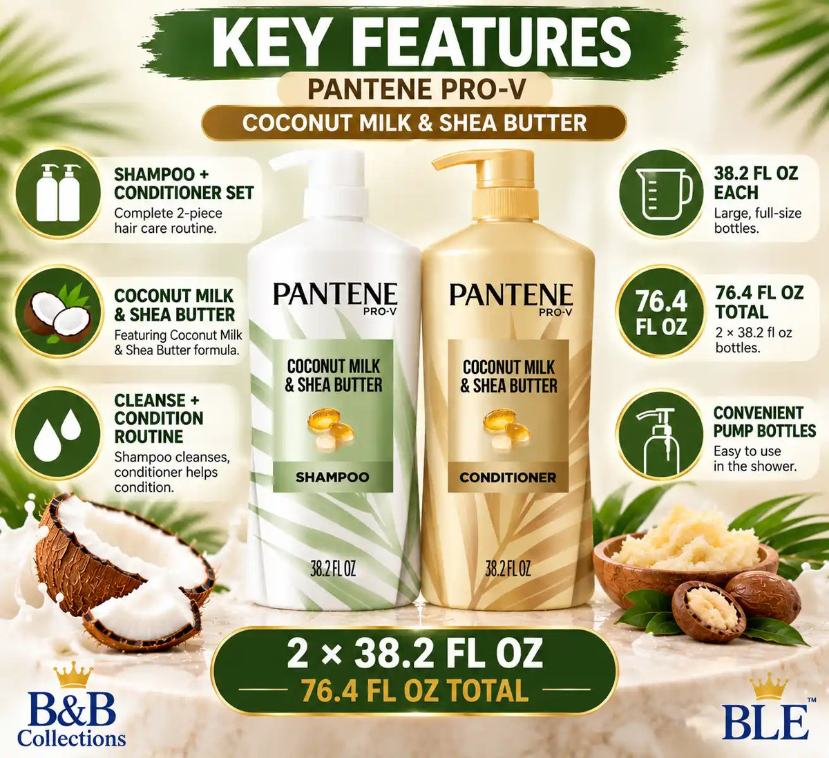 Pantene Pro-V Coconut Milk & Shea Butter Shampoo & Conditioner Set, 38.2 fl oz Each, 2 Pack, 76.4 fl oz Total