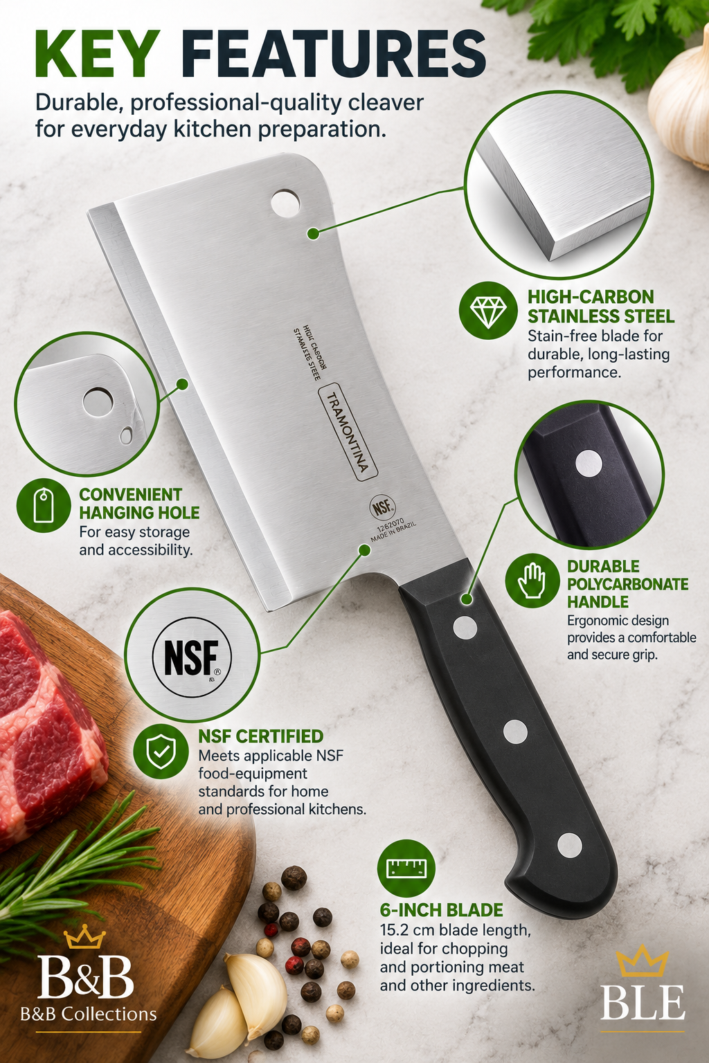 Tramontina Pro Line 6-Inch Chef's Cleaver, High-Carbon Stainless Steel Blade, Black Polycarbonate Handle, NSF Certified, Professional Kitchen Meat Cleaver