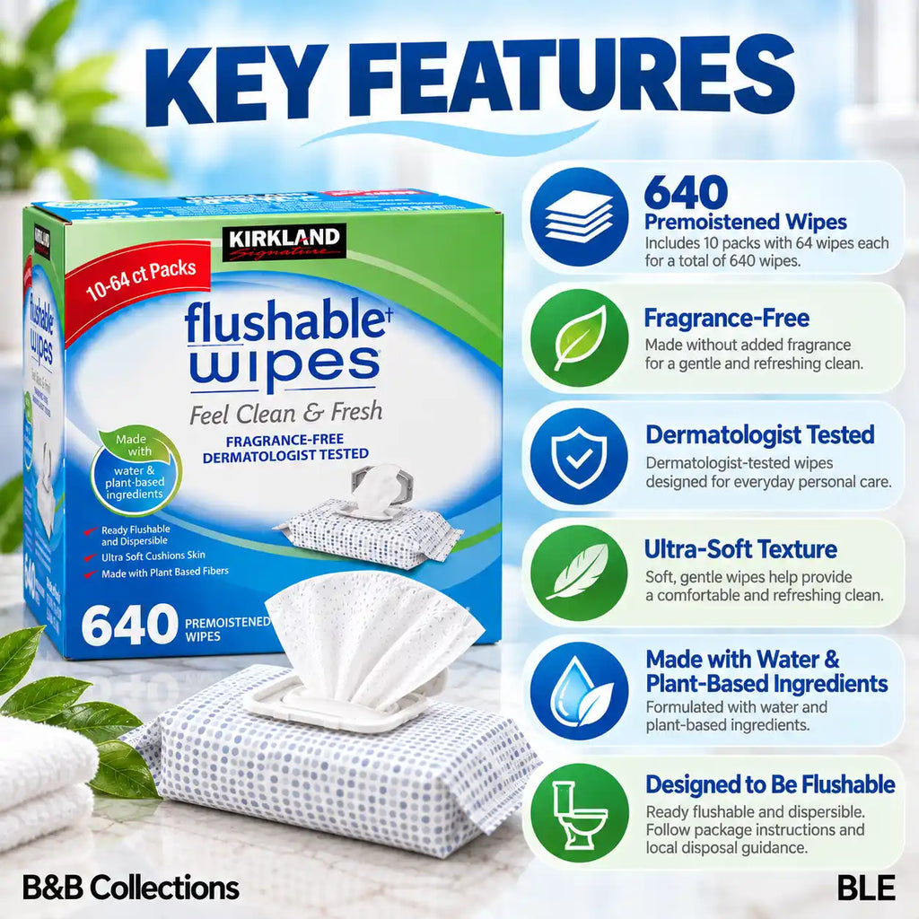 Kirkland Signature Flushable Wipes, Fragrance-Free, Dermatologist Tested, Ultra Soft, 10 Packs, 64 Wipes Each, 640 Count