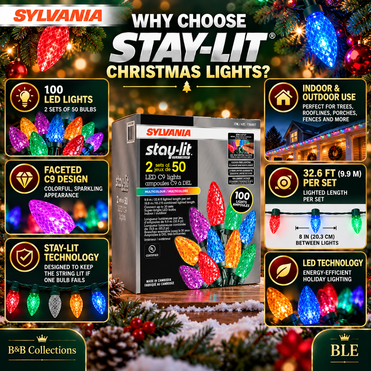 Sylvania Stay-Lit C9 Faceted LED Christmas Lights, Multicolor, 100 Bulbs, 2 Sets of 50, Indoor/Outdoor Holiday String Lights