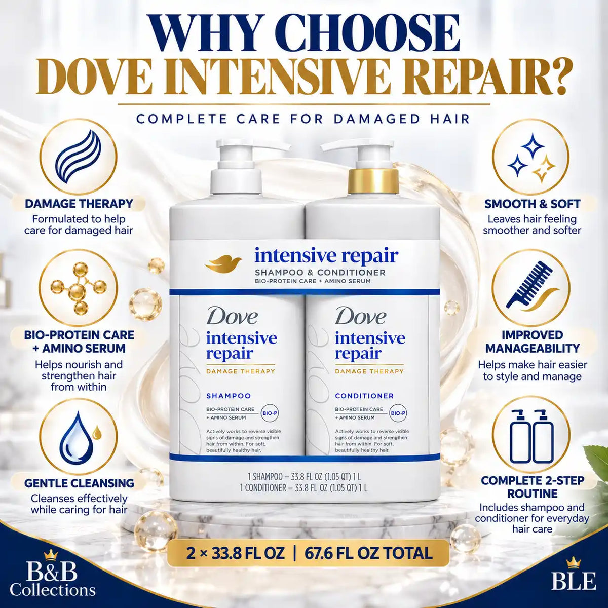 Dove Intensive Repair Shampoo & Conditioner Set, Damage Therapy with Bio-Protein Care + Amino Serum, 33.8 fl oz Each, 2 Pack, 67.6 fl oz Total