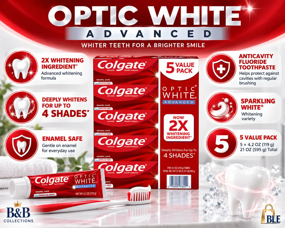 Colgate Optic White Advanced Whitening Fluoride Toothpaste, Sparkling White, 4.2 oz Tubes, 5 Pack, 21 oz Total