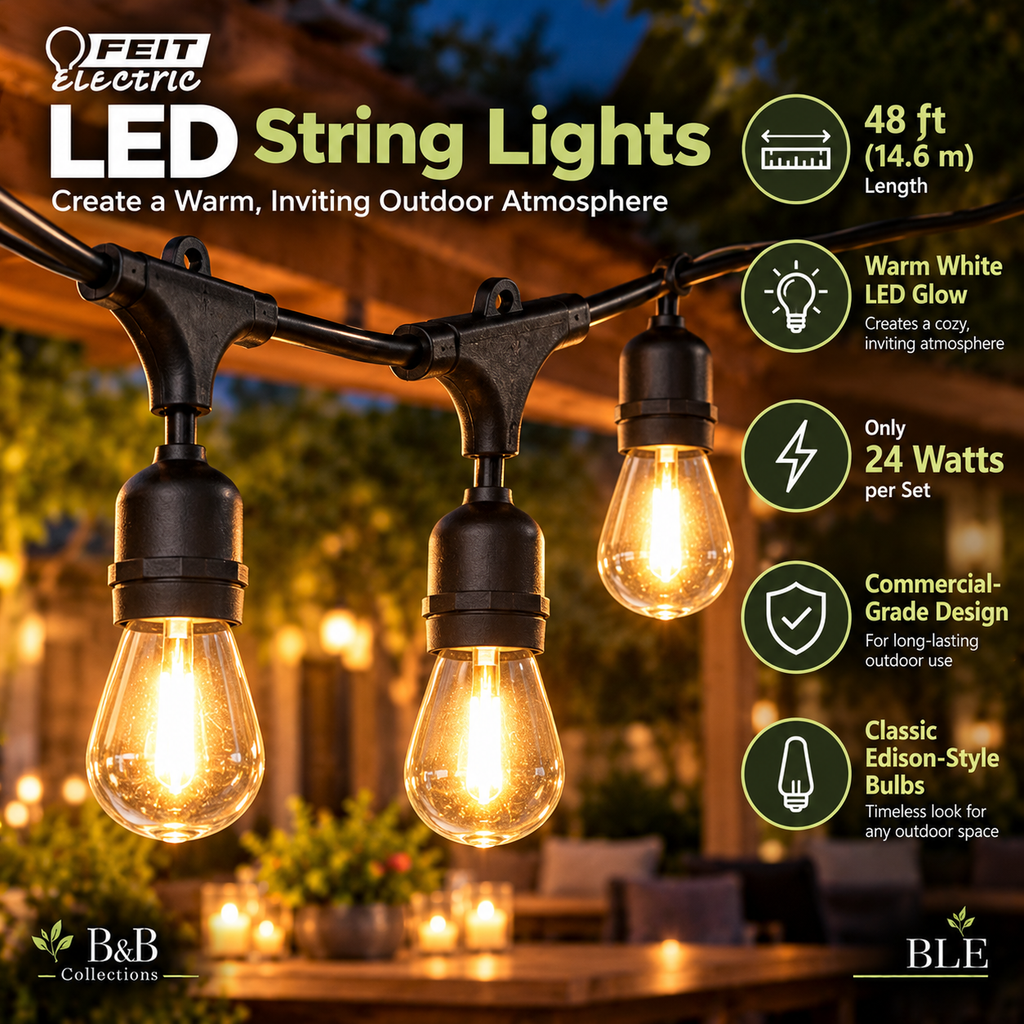 Feit Electric 48 ft LED String Lights – Commercial Grade Outdoor Patio Lights, Warm White Edison-Style Bulbs, 24W, Black Cord