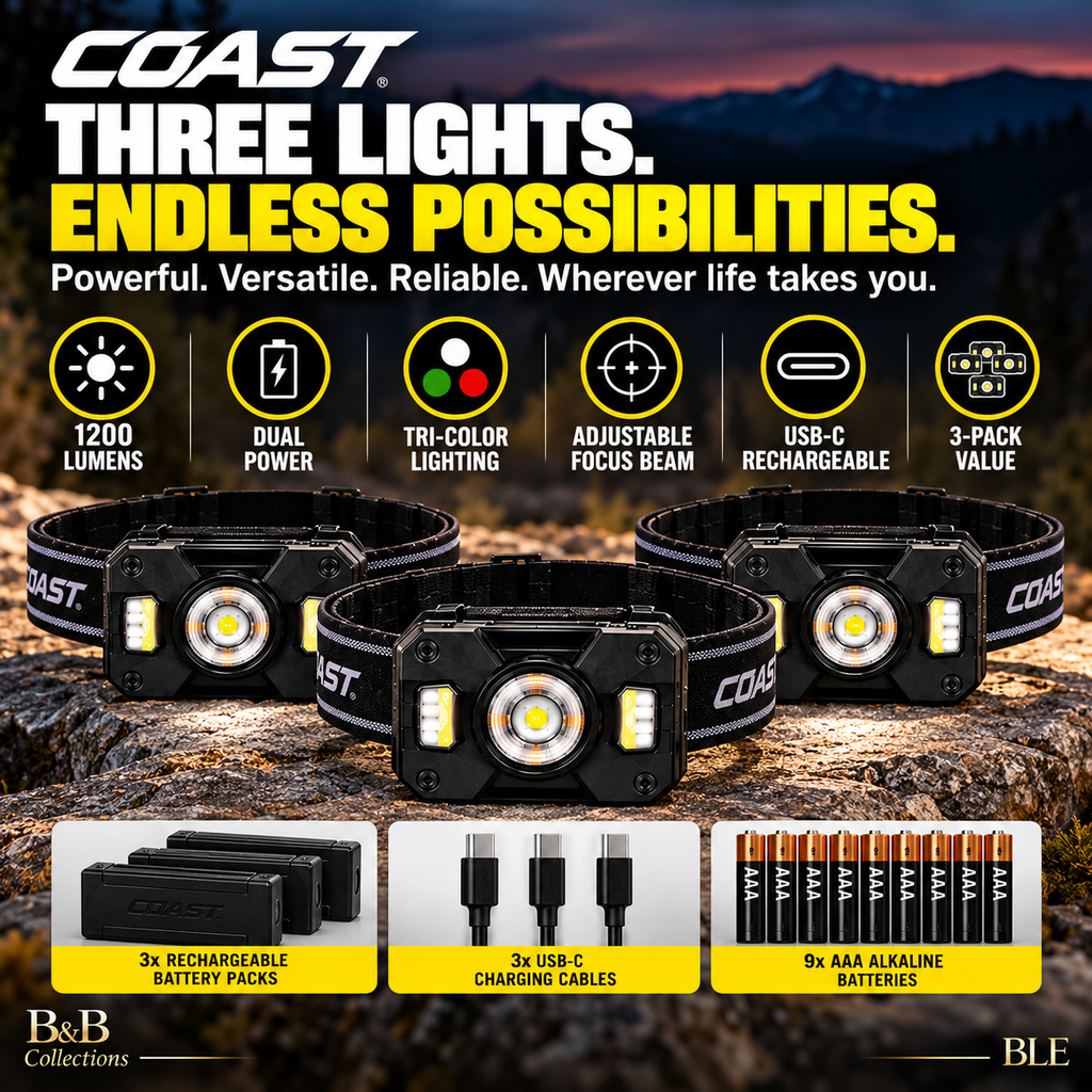 COAST CH1200R Rechargeable Dual Power LED Headlamp 3-Pack, 1200 Lumens, USB-C Rechargeable, Tri-Color Lighting, Adjustable Focus Beam