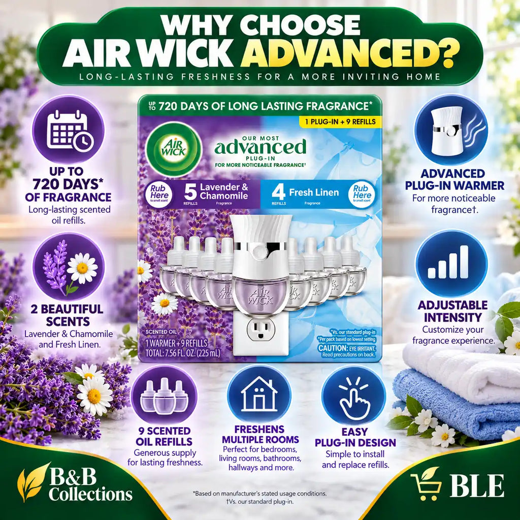 Air Wick Advanced Plug-In Scented Oil Air Freshener Starter Kit, Lavender & Chamomile and Fresh Linen, 1 Warmer + 9 Refills, Up to 720 Days of Fragrance, 7.56 fl oz