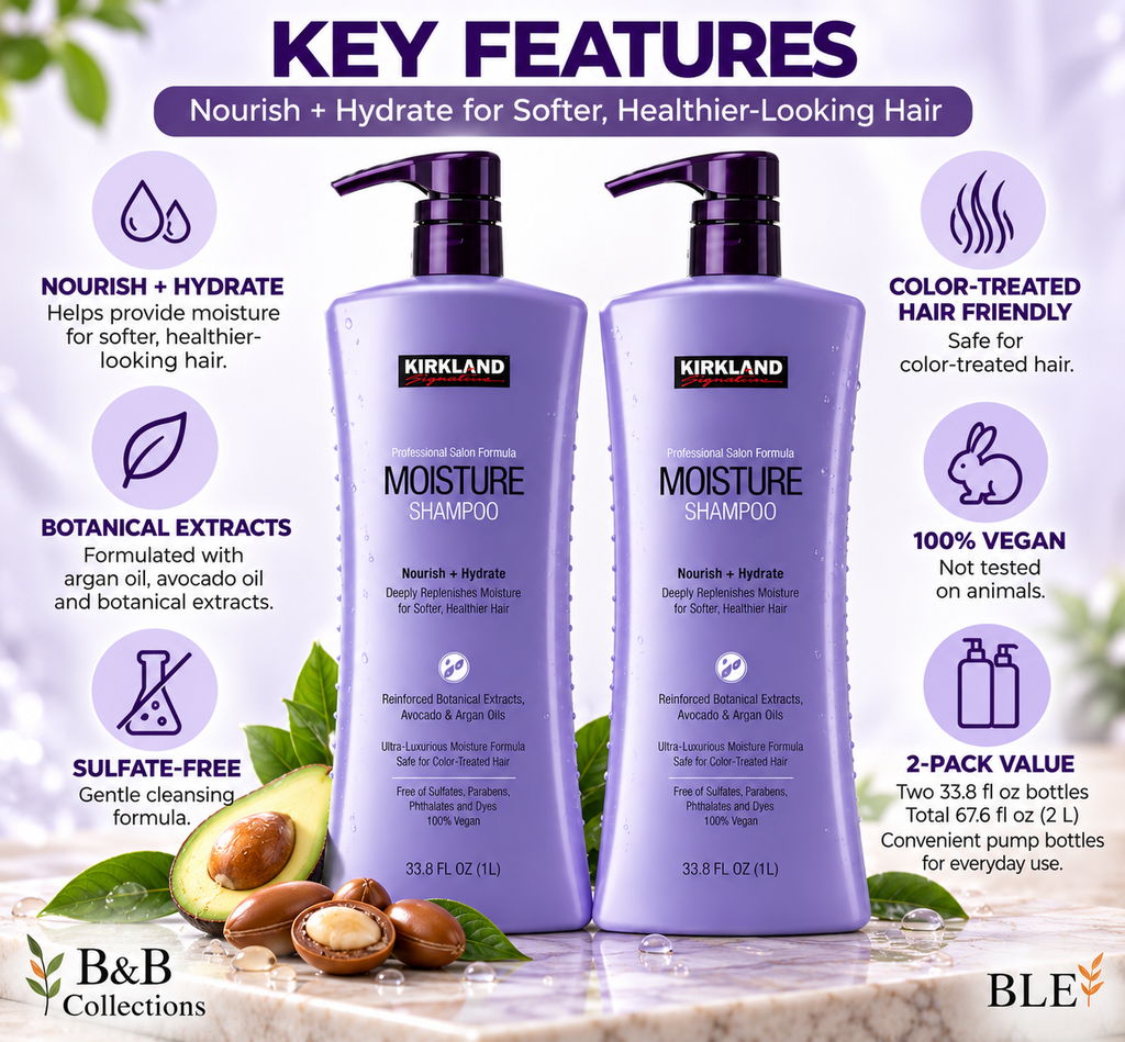 Kirkland Signature Moisture Shampoo, Nourish + Hydrate, Professional Salon Formula, Argan & Avocado Oil, Sulfate-Free, 33.8 fl oz Each, 2-Pack