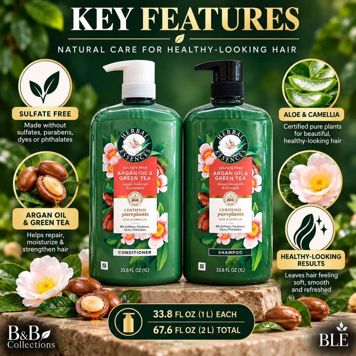 Herbal Essences Argan Oil & Green Tea Sulfate-Free Shampoo & Conditioner Set, 33.8 fl oz Each, Repair, Moisture & Strength, with Aloe & Camellia (2-Pack)
