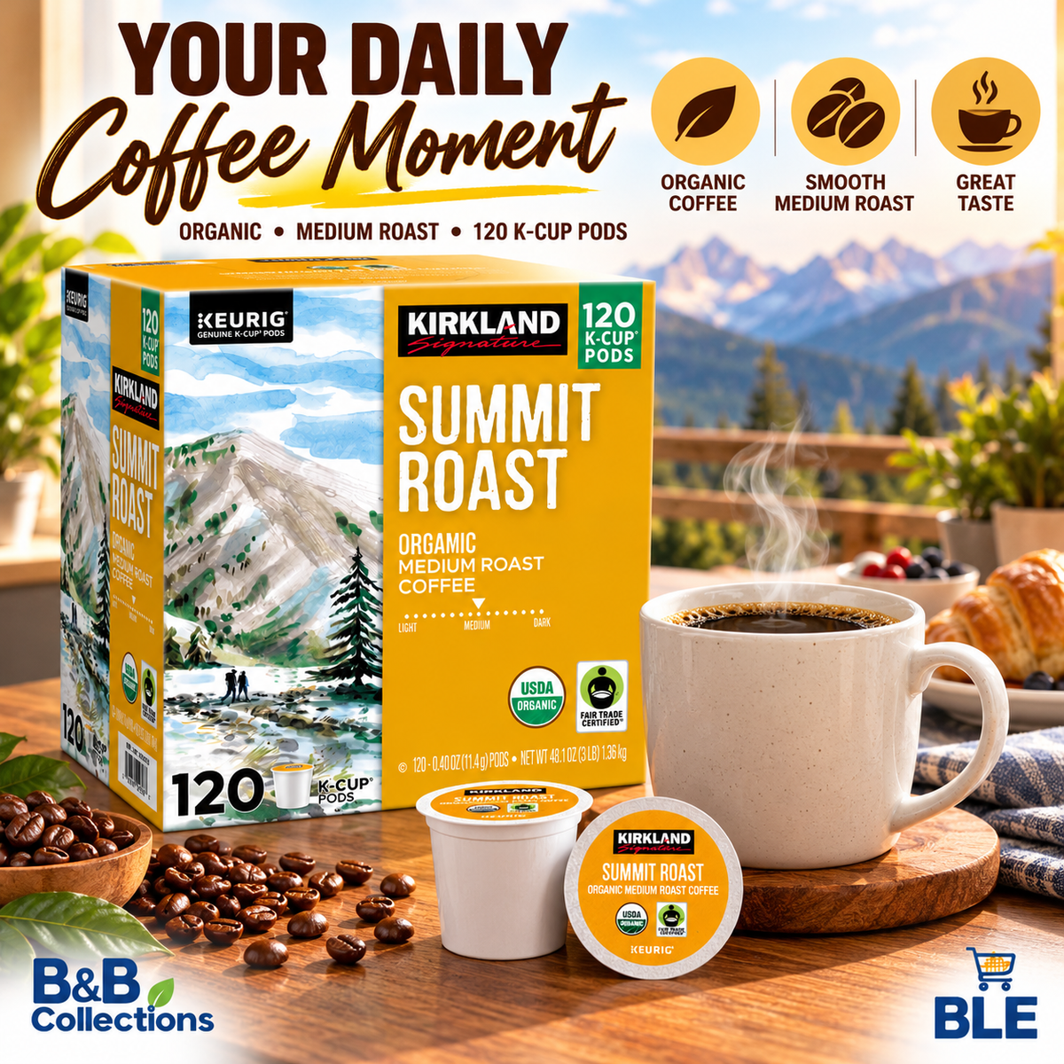 Kirkland Signature Summit Roast Organic Medium Roast Coffee, Keurig K-Cup Pods, USDA Organic, Fair Trade Certified, 120 Count