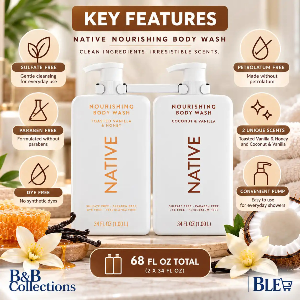Native Nourishing Body Wash Variety 2-Pack, Toasted Vanilla & Honey + Coconut & Vanilla, Sulfate-Free, Paraben-Free, 34 fl oz Each, 68 fl oz Total