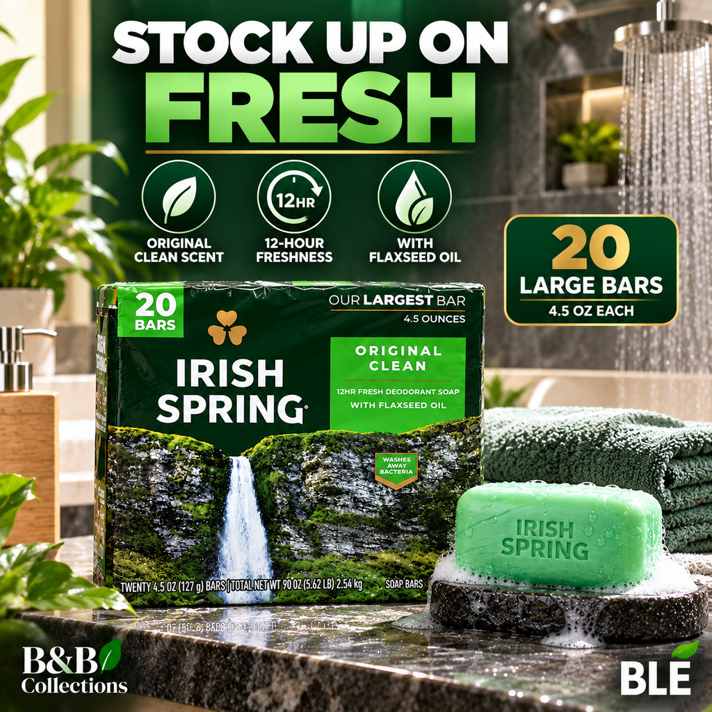 Irish Spring Original Clean Deodorant Bar Soap with Flaxseed Oil, 12-Hour Fresh, 4.5 oz Bars, 20 Count, 90 oz Total