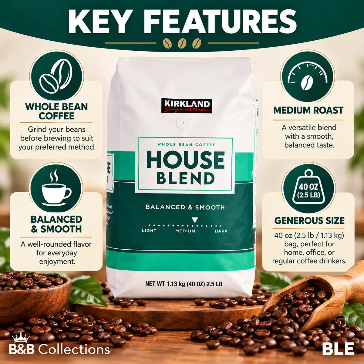 Kirkland Signature House Blend Whole Bean Coffee, Medium Roast, Balanced & Smooth, 40 oz (2.5 lb / 1.13 kg)