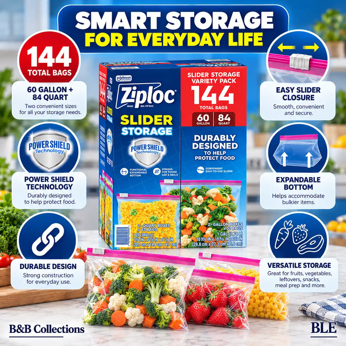 Ziploc Slider Storage Bags Variety Pack, Power Shield Technology, Gallon & Quart Sizes, 144 Total Bags (60 Gallon + 84 Quart)