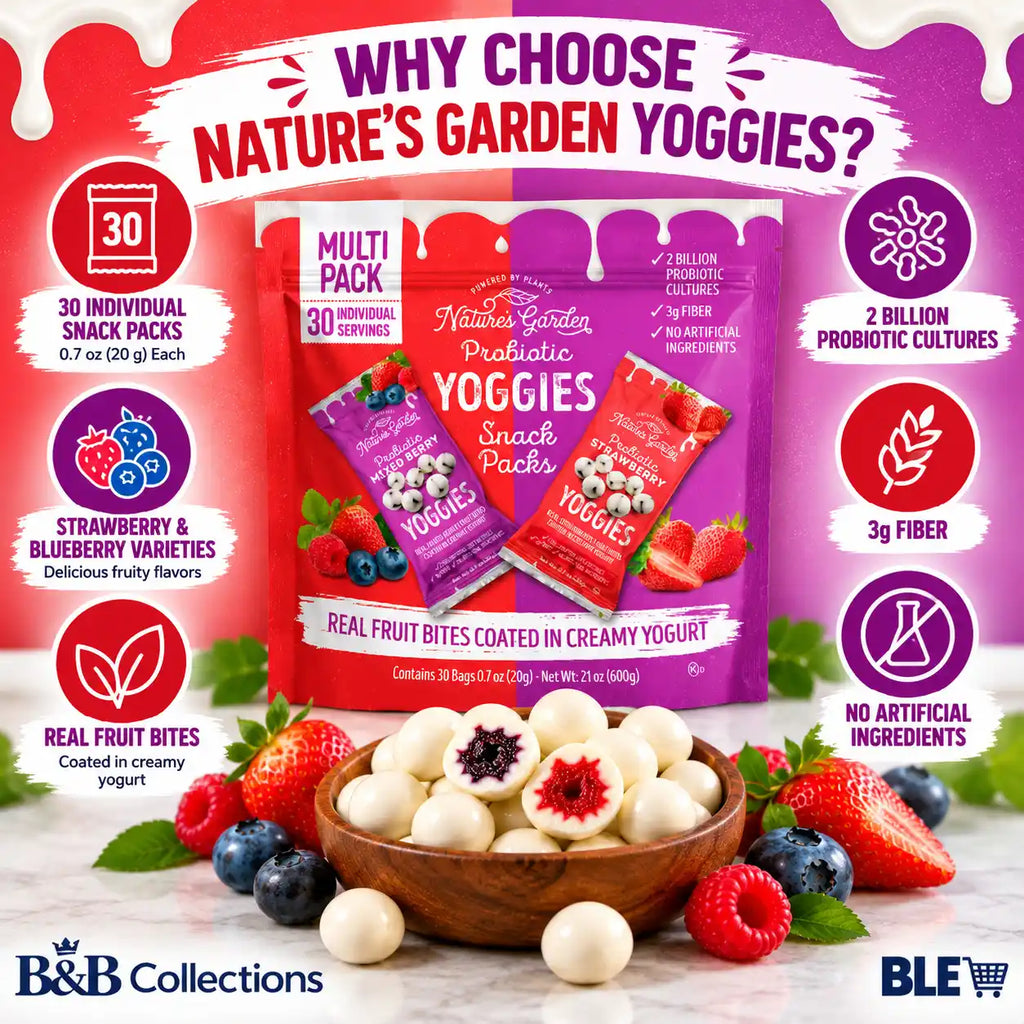 Nature’s Garden Probiotic Yoggies Snack Packs, Strawberry & Blueberry Yogurt-Coated Fruit Bites, 2 Billion Probiotic Cultures, 3g Fiber, 30 Individual Bags, 21 oz