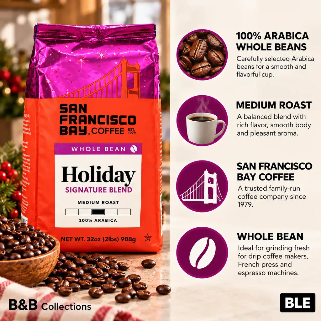 San Francisco Bay Coffee Holiday Signature Blend, Medium Roast, 100% Arabica Whole Bean Coffee, Sweet & Smooth with Notes of Milk Chocolate & Baking Spices, 32 oz (2 lb)