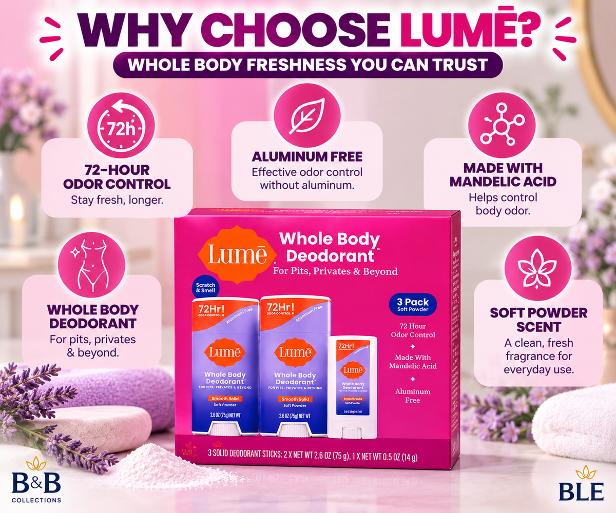 Lume Whole Body Deodorant, Soft Powder Scent, 3 Pack, Aluminum-Free, 72-Hour Odor Control, Smooth Solid Deodorant for Pits, Privates & Body, 2 Full Size + 1 Travel Size