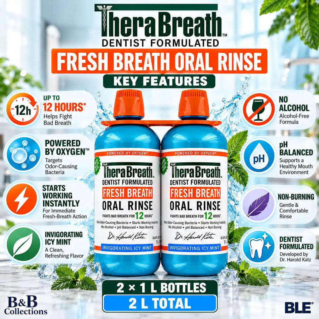 TheraBreath Fresh Breath Oral Rinse, Invigorating Icy Mint, Alcohol-Free Mouthwash, 1 L Bottles, 2 Pack